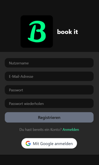 Screenshot der Registrierung bei Book-it: Die digitale Plattform für privates Bücherverleihen
