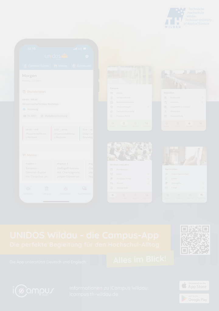 Darstellung einer Oberfläche der neuen Campusapp UNIDOS