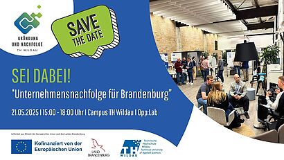 Hier ist ein Flyer zu sehen, wo alle wichtigen Informationen für das Event "Unternehmensnachfolge für Brandenburg" draufstehen. Rechts auf dem Flyer ist ein kleines Bild zu sehen, mit ein paar Menschen im Opp:Lab.
