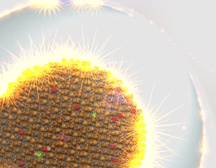 Künstlerische Darstellung eines umhüllten Nanopartikels mit Glüheffekten