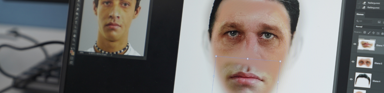 Gesicht wird aus verschiedenen Elementen am Laptop zusammengestellt