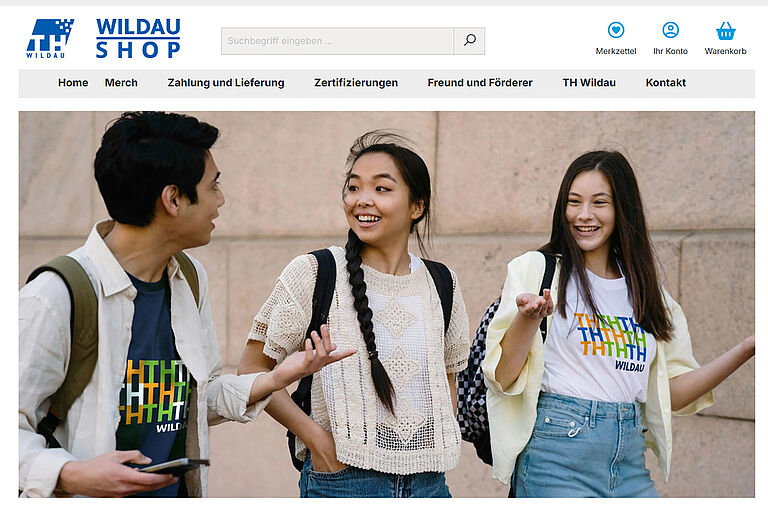 Screenshot einer Startseite des Online-Shops, auf dem Personen mit TH-Wildau-Shirts sich im Laufen unterhalten