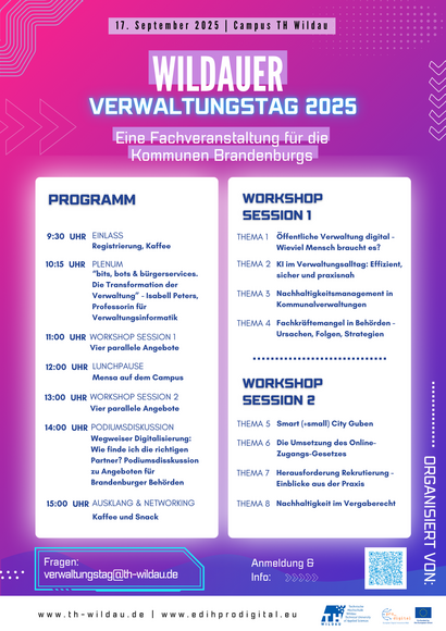 Programmübersicht des Verwaltungstages 2025 auf lila-pinkfarbenem Hintergrund