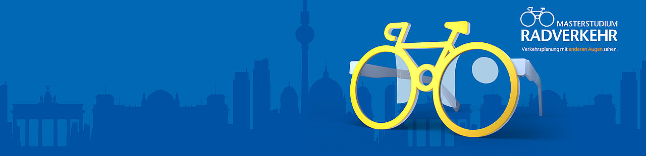Fahrrad auf blauem Hintergrund mit Berlin-Silhouette und Logo Radverkehr