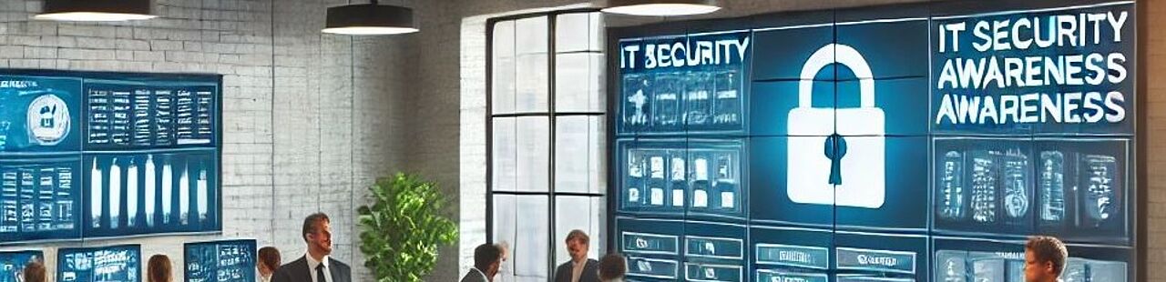 Das Bild zeigt einen hellen Konferenzraum mit vielen Menschen an einem großen Tisch, die auf moderne Rechner schauen. Das Thema IT-Sicherheit und Awareness steht im Hintergrund an der Wand auf einem großen Display.