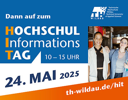 Collage mit Schriftzug Hochschulinformationstag, Datum 24. Mai 2025, TH-Wildau-Logo und Bild von Studierenden 