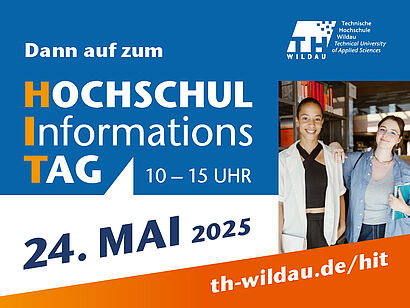 Collage mit Schriftzug Hochschulinformationstag, Datum 24. Mai 2025, TH-Wildau-Logo und Bild von Studierenden 
