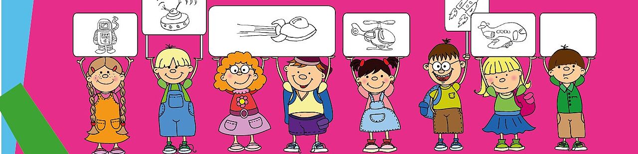 Ausschnitt zum Mitmachplakat „Traum vom Fliegen“, Grafik mit Kindern, die gemalte Bilder zum Motto in die Luft reichen