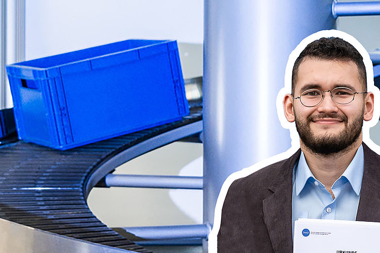 Collage mit Portraitbild von Technical-Management-Student und Laborbild Intralogistiklabor