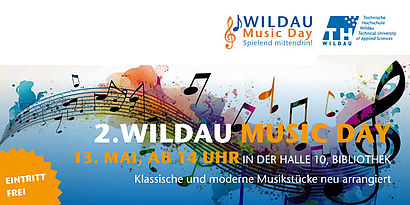 Noten und Musikschlüssel auf buntem Hintergrund mit dem Schriftzug Wildau Music Day 2023 und weiteren Angaben zum Tag
