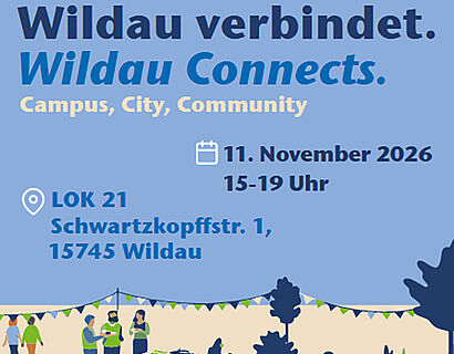 Grafik mit hellblauem Hintergrund und der Aufschrift "Wildau verbindet, Wildau connects"
