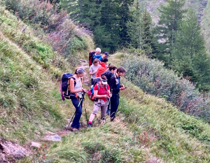 Menschen im Wanderkleidung schauen auf ihre Smartphones