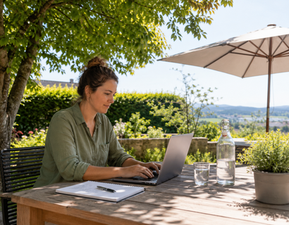 Auf dem Foto ist eine Person zu sehen, die draußen an einem Holztisch mit einem Laptop arbeitet. Der Arbeitsplatz befindet sich im Schatten eines großen Baumes. Zusätzlich spendet ein heller Sonnenschirm Schutz vor direkter Sonne.  Auf dem Tisch liegen ein Notizblock und ein Stift. Daneben stehen eine Glasflasche mit Wasser und ein gefülltes Trinkglas. Rechts ist eine kleine Pflanze im Topf zu sehen.  Im Hintergrund erkennt man viel Grün, Büsche und eine weite Landschaft. Das Bild wirkt ruhig, sommerlich und konzentriert. Es passt gut zum Thema mobiles Arbeiten an einem schattigen, angenehmen Arbeitsplatz bei hohen Temperaturen.