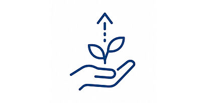Grafik einer Hand, die eine Pflanze hält und ein Pfeil nach oben symbolisiert die Entwicklung