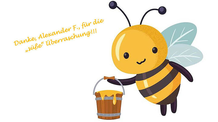 Gezeichnete Biene mit einem Honigeimer in der "Hand"