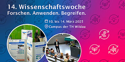 Grafik mit blau-pinkem Hintergrund, dem Schriftzug "14. Wissenschaftswoche" und Bildern einer Posterausstellung und Preisverleihung