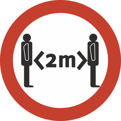 Rotes Warnschild für pandemiebedingte 2 Meter Abstand zwischen zwei Personen