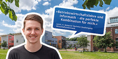 Collage aus Campusbild der TH Wildau und Studierendem der Wirtschaftsinformatik mit Zitat