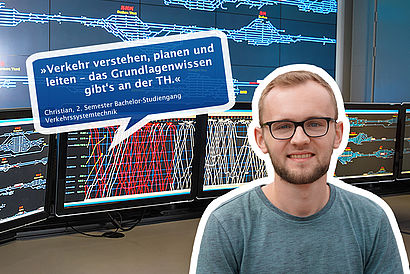 Collage mit Verkehrssystemtechnik-Studenten, Zitat auf blauem Hintergrund und Labor-Bild