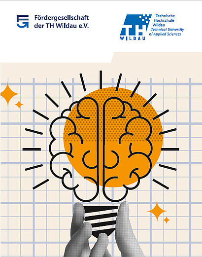 Bild eines Flyers mit Logo der TH und der Fördergesellschaft sowie einer Collage einer Glühbirne und eines Gehirns zur Veranschaulichung des innovativen Charakters