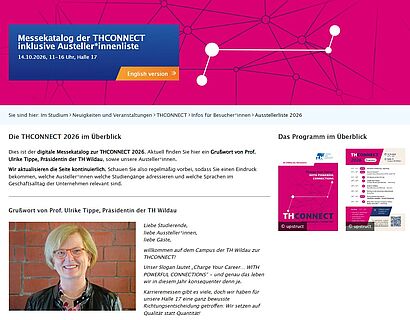 Bild einer Website mit Screenshot des THCONNECT-Messekatalogs