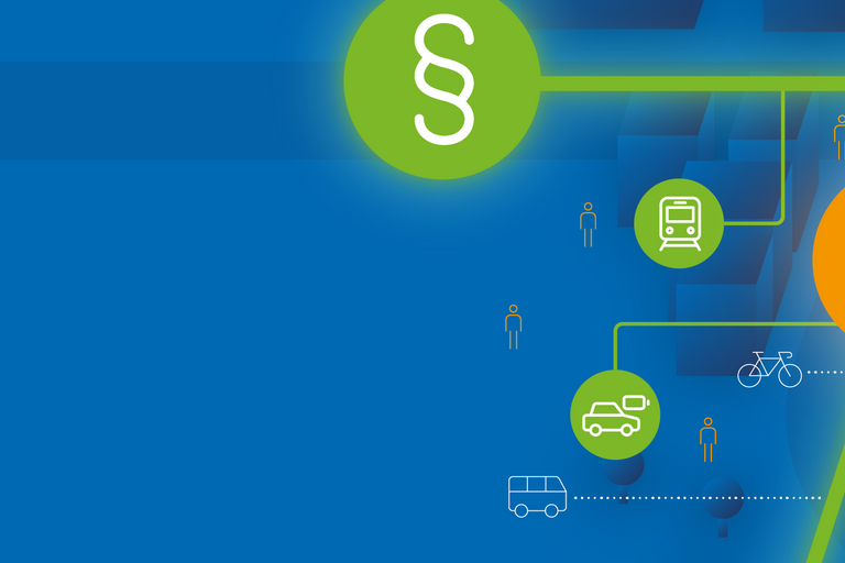 Orangefarbenes Icon eines Person verbunden mit grünen Icons für verschiedene Verkehrsteilnehmer*innen und einem Paragraphen-Symbol auf blauem Hintergrund