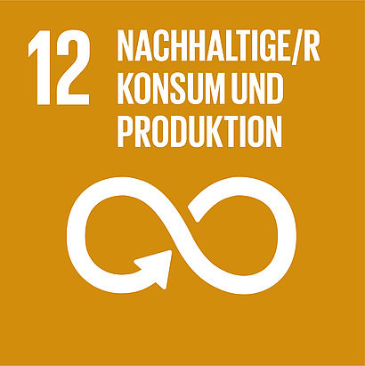 Goldbraunes Quadrat mit weißen Piktogramm, welches das Unendlichkeitszeichen zeigt, welches durch eine Pfeilspitze einen Kreislauf anzeigt. Am oberen Rand in weiß die Zahl 12 sowie der Schriftzug "Nachhaltiger Konsum und Produktion"