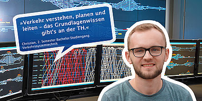 Collage für Bewerbung des Studiengangs Verkehrssystemtechnik mit Testimonial