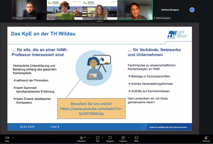 Screenshot des Online-Events "How to Prof" an der TH Wildau: Angezeigt wird eine Folie, die den Karriereweg zur Professur illustriert, und fünf der Organisator*innen.