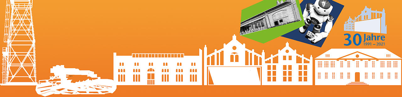Bühnenbild mit Silhouette Campus und Grafiken 30 Jahre TH Wildau auf orangenem Hintergrund