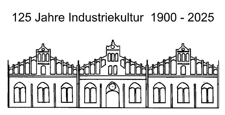 Silhouette der Wildauer Industriehallen in schwarz-weiß mit Schriftzug "125 jahre Industriekultur Wildau"