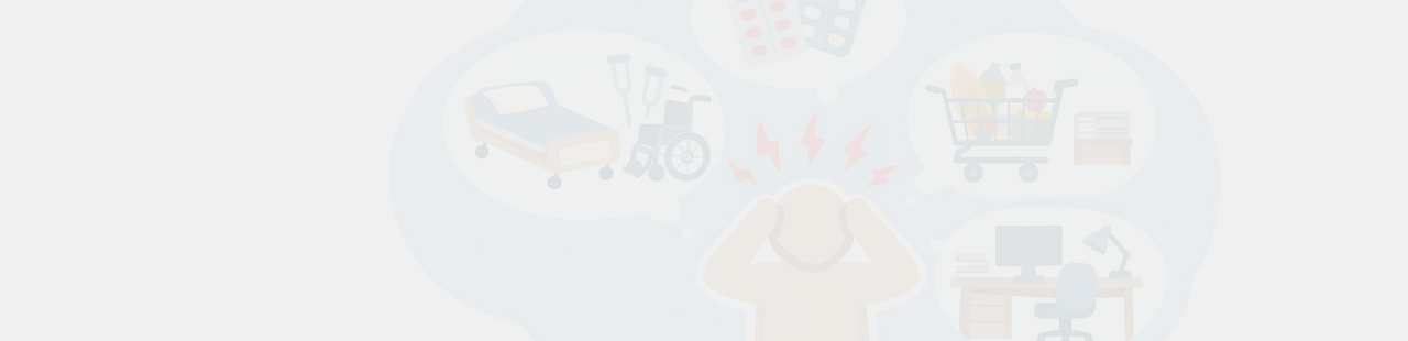 Schematische Grafik, die in der Mitte eine Spielfigur zeigt, die die Hände zum Kopf ringt. Um sie herum schweben in Blasen verschiedene Gegenstände: Ein Pflegebett, ein Rollstühl und Krücken, Tablettenblister, Ein voller Einkaufswagen und ein Büroarbeitsplatz.