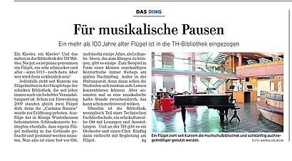 MAZ Campus 25April2019 Part Artikel aus der Märkischen Allgemeinen über den Flügel in der Hochschulbibliothek der TH Wildau.