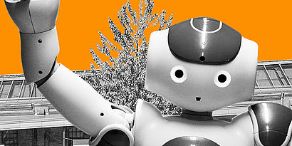Humanoider Roboter auf orangefarbenem Hintergrund