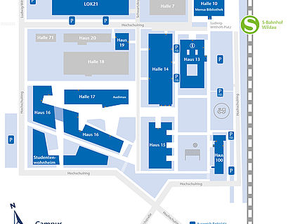 Campusplan der TH Wildau in blau, hellblau, grauem Schema inklusive Darstellung der Gebäude und Parkplätze