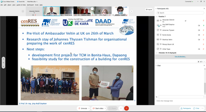 Screenshot einer Online-Videokonferenz mit einer Präsentationsfolie über das CenRES-Projekt. Die Folie enthält Projektinformationen, Fotos einer Gruppenaufnahme und einer Dokumentenübergabe sowie die Logos der beteiligten Institutionen.