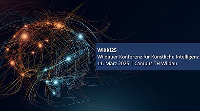 hier ist ein Leuchtball zu sehen aus roten und blauen feinen Fäden und daneben steht der Titel "WiKKI25 Wildauer Konferenz für Künstliche Intelligenz 11.März 2025 | Campus TH Wildau"