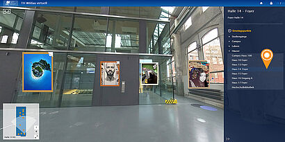 Bild einer Halle mit Stahlträgern und Fotos von bunten Collagen darauf