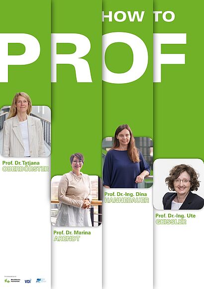 Grün-weißes Plakat zur Veranstaltung "How to Prof", abgebildet sind Datum, Uhrzeit und die vier beteiligten Professorinnen.