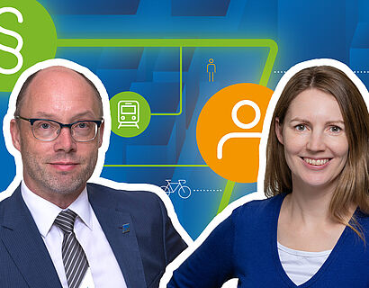 Ralf Kohlen und Larissa Wille Friel, im Hintergund eine studiengangspezifische Grafik