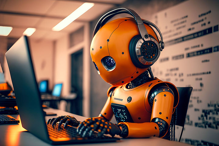 Ein menschlich wirkender Roboter sitzt an einem Laptop.
