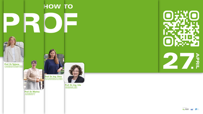 Grün-weißes 16:9 Plakat zum Event "How to Prof" mit Datum und Uhrzeit, Fotos der Professorinnen und QR-Code.