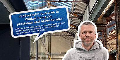 Collage mit Bild aus Halle 14 und Radverkehr-Student