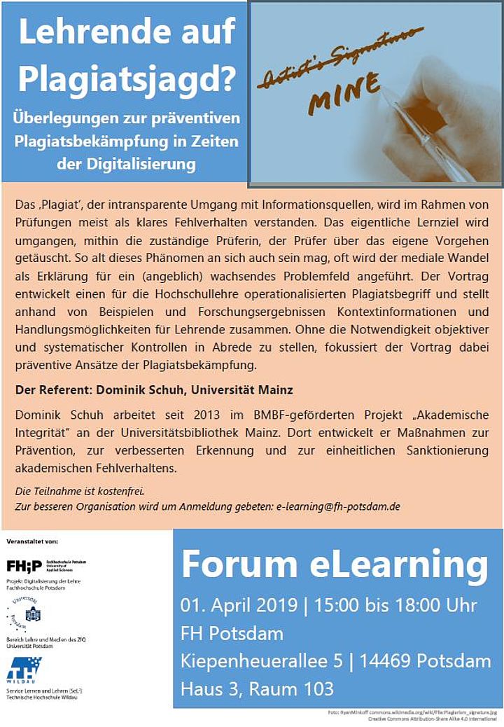 Flyer zum Forum eLearning mit dem Thema "Plagiate an deutschen Hochschulen"