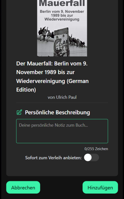 Screenshot der Funktion "Buch hinzufügen" bei Book-it: Die digitale Plattform für privates Bücherverleihen