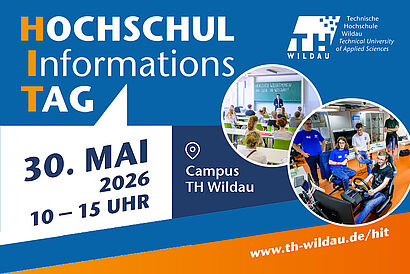 Collage mit blauem Hintergrund, kreisförmigen Bildern vom HIT und der Aufschrift "Hochschulinformationstag, 30. Mai 2026, 10 bis 15 Uhr"