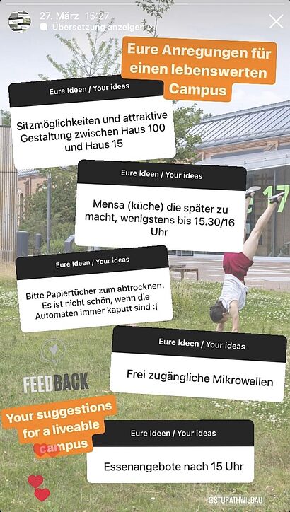 Zitate von Umfrageteilnehmenden als Sprechblasen auf einem Campusbild der TH Wildau