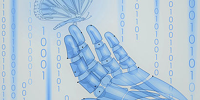 Illustration einer Roboter-Hand, auf der ein Schmetterlink sitzt