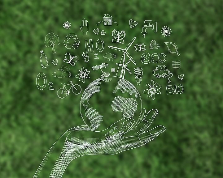 Freepik.com Hand die die Weltkugel trägt in weiß vor grünem Hintergrund. Drum herum verschiedene Ressourcen, wie H2O, Windräder, O2, Wolken, Bäume, Schmettterlinge, Regen, Wasserhahn, Blätter ein Elektroauto, Blumen, herzen etc.