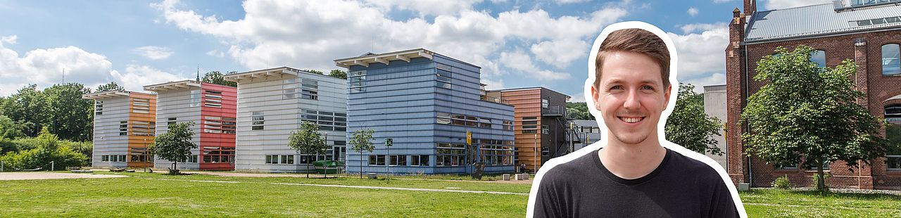 Wirtschaftsinformatik Collage mit Studierendem der Wirtschaftsinformatik und Campusbild